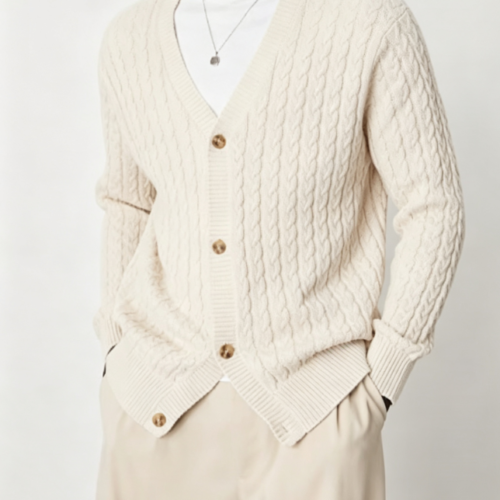 Custom Men's Cashmere Blend Cable-Knit Oversized Button-Up Cardigan Bone Custom Men's Cashmere Blend Cable-Knit Oversized Button-Up Cardigan Bone