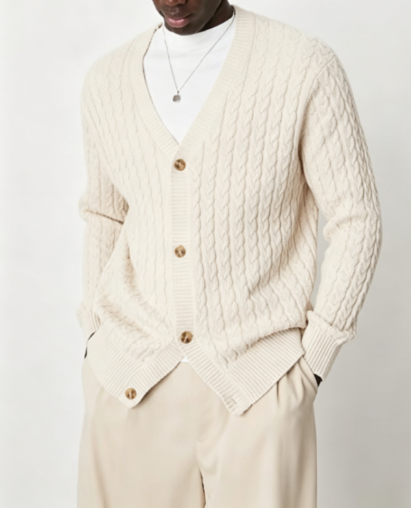 Custom Men's Cashmere Blend Cable-Knit Oversized Button-Up Cardigan Bone Custom Men's Cashmere Blend Cable-Knit Oversized Button-Up Cardigan Bone