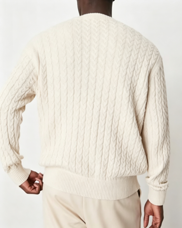 Custom Men's Cashmere Blend Cable-Knit Oversized Button-Up Cardigan Bone - view 2 Custom Men's Cashmere Blend Cable-Knit Oversized Button-Up Cardigan Bone - view 2