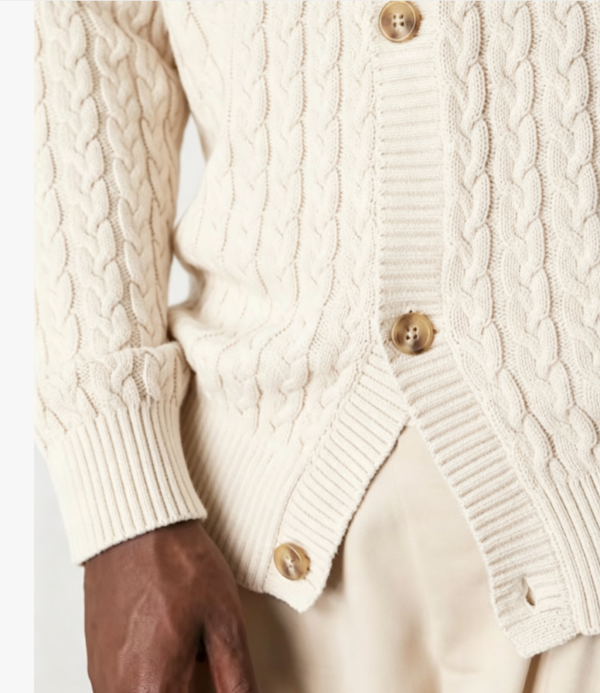 Custom Men's Cashmere Blend Cable-Knit Oversized Button-Up Cardigan Bone - view 3 Custom Men's Cashmere Blend Cable-Knit Oversized Button-Up Cardigan Bone - view 3