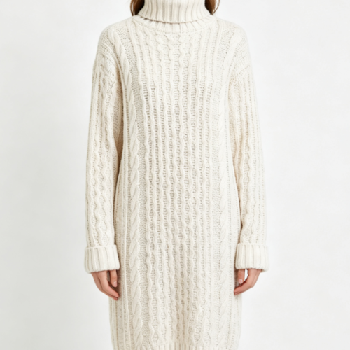 Custom Women's Cashmere Blend Cable-Knit Oversized Turtleneck Sweater Dress Bone
