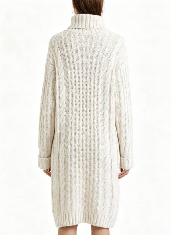 Custom Women's Cashmere Blend Cable-Knit Oversized Turtleneck Sweater Dress Bone - view 2 Custom Women's Cashmere Blend Cable-Knit Oversized Turtleneck Sweater Dress Bone - view 2