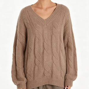 Custom Women's Cashmere Blend Cable-Knit Longline V Neck Sweater Chocolate Brown