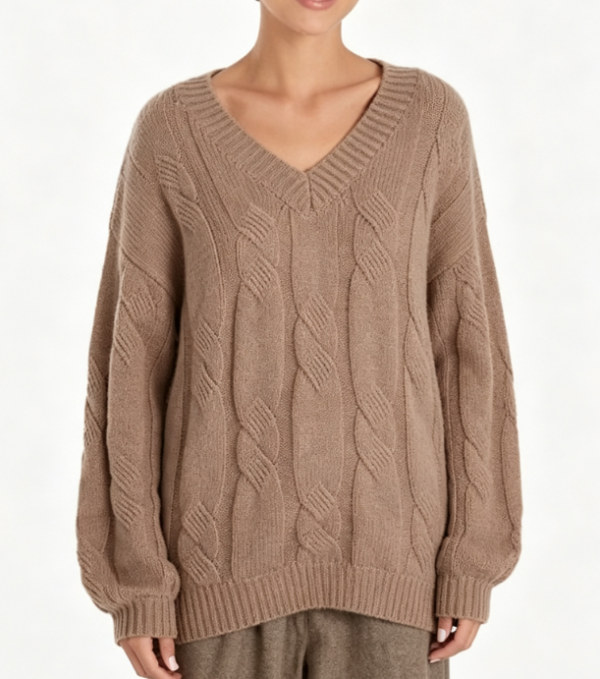 Custom Women's Cashmere Blend Cable-Knit Longline V Neck Sweater Chocolate Brown