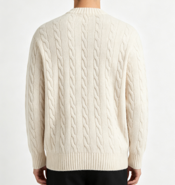 Custom Men's Cashmere Blend Cable-Knit Oversized Crew Neck Sweater Bone - view 2 Custom Men's Cashmere Blend Cable-Knit Oversized Crew Neck Sweater Bone - view 2