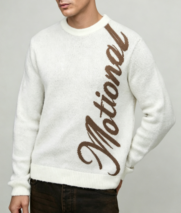 Custom Men's Cashmere Blend Jacquard Oversized Crew Neck Sweater Off White