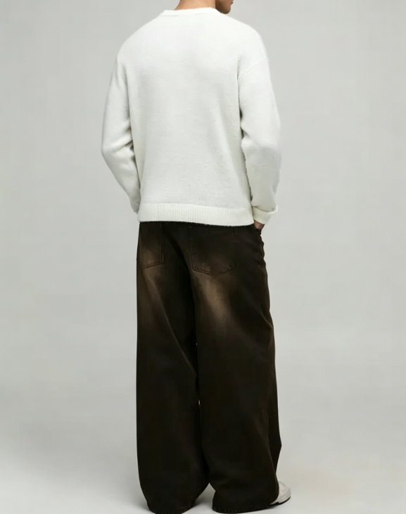 Custom Men's Cashmere Blend Jacquard Oversized Crew Neck Sweater Off White - view 2