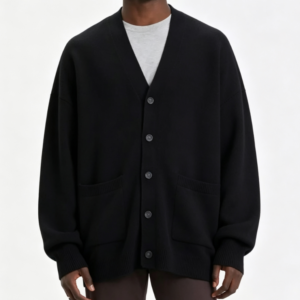 Custom Men's Cashmere Blend Ribbed Oversized Button-Up Cardigan Black