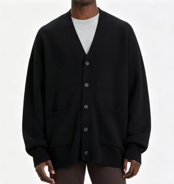 Custom Men's Cashmere Blend Ribbed Oversized Button-Up Cardigan Black