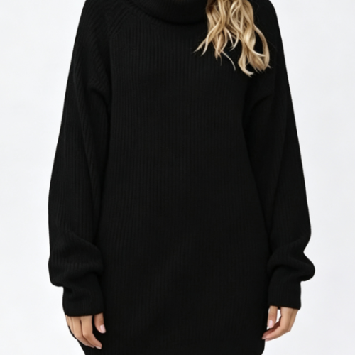 Custom Women's Cashmere Blend Ribbed Oversized Turtleneck Sweater Dress Black