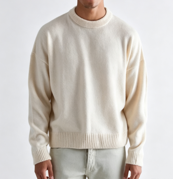 Custom Men's Cashmere Blend Ribbed Oversized Crew Neck Sweater Cream