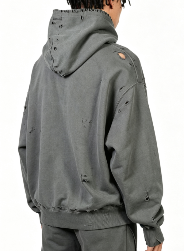 Custom Men's Premium Cotton Distressed Oversized Pullover Hoodie Slate Grey - view 2 Custom Men's Premium Cotton Distressed Oversized Pullover Hoodie Slate Grey - view 2