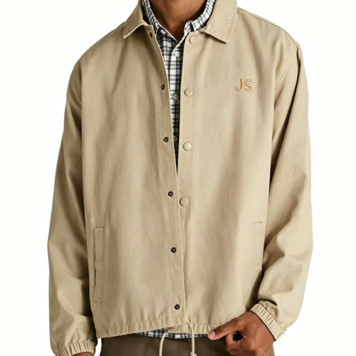 Custom Men's Cotton Canvas Embroidered Oversized Coach Jacket Sand Custom Men's Cotton Canvas Embroidered Oversized Coach Jacket Sand
