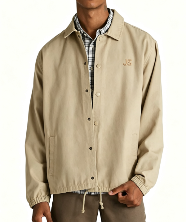 Custom Men's Cotton Canvas Embroidered Oversized Coach Jacket Sand Custom Men's Cotton Canvas Embroidered Oversized Coach Jacket Sand