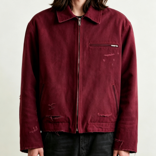 Custom Men's Cotton Canvas Washed Cropped Trucker Jacket Burgundy Custom Men's Cotton Canvas Washed Cropped Trucker Jacket Burgundy