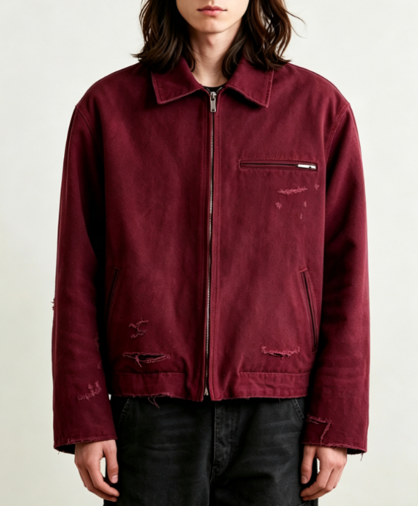 Custom Men's Cotton Canvas Washed Cropped Trucker Jacket Burgundy