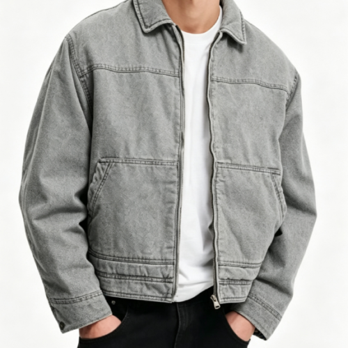 Custom Men's Cotton Canvas Washed Cropped Bomber Jacket Heather Grey