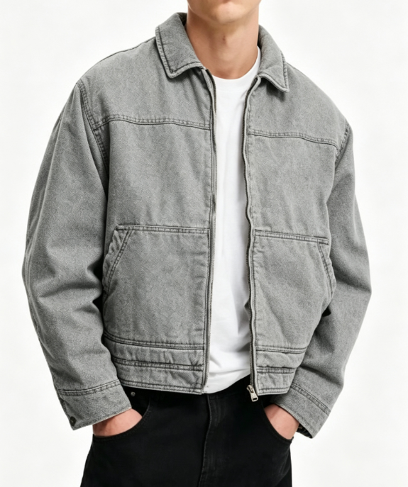 Custom Men's Cotton Canvas Washed Cropped Bomber Jacket Heather Grey