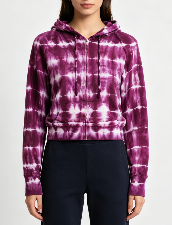 Custom Women's Premium Cotton Tie-Dye Cropped Zip-Up Hoodie Burgundy