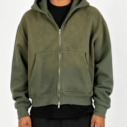 Custom Men's Premium Cotton Distressed Regular Zip-Up Hoodie Forest Green
