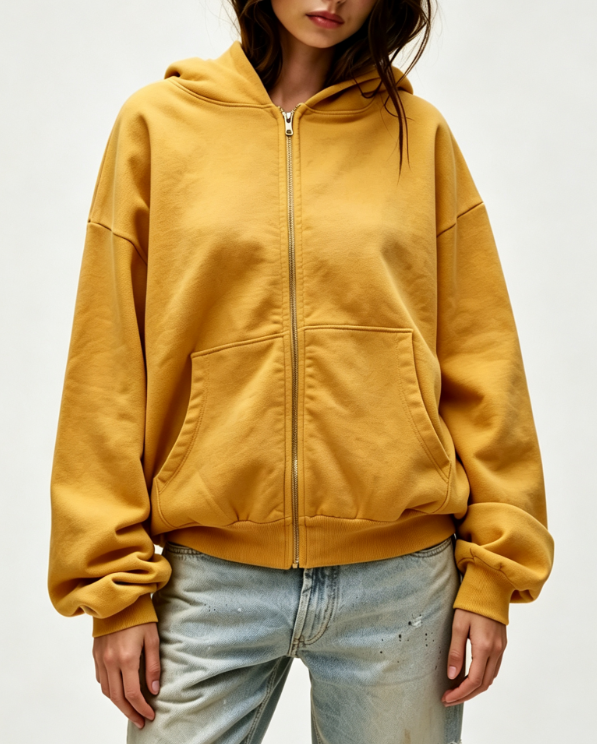 Custom Women's Premium Cotton Oversized Zip-Up Hoodie Mustard