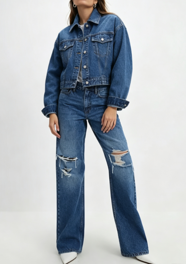 Custom Women's Denim Distressed Relaxed Denim Set Blue Custom Women's Denim Distressed Relaxed Denim Set Blue