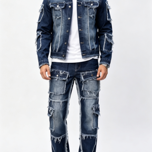 Custom Men's Denim Distressed Relaxed Denim Set Navy Custom Men's Denim Distressed Relaxed Denim Set Navy