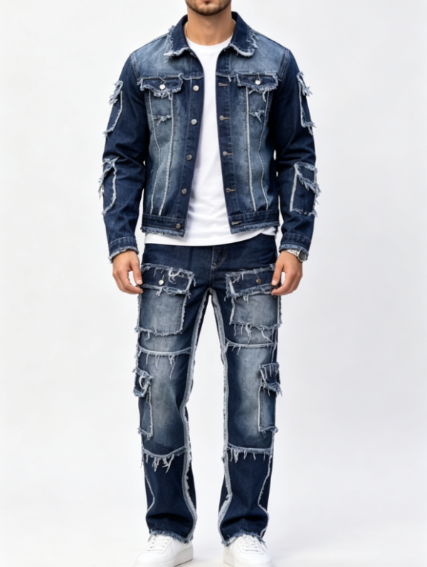 Custom Men's Denim Distressed Relaxed Denim Set Navy
