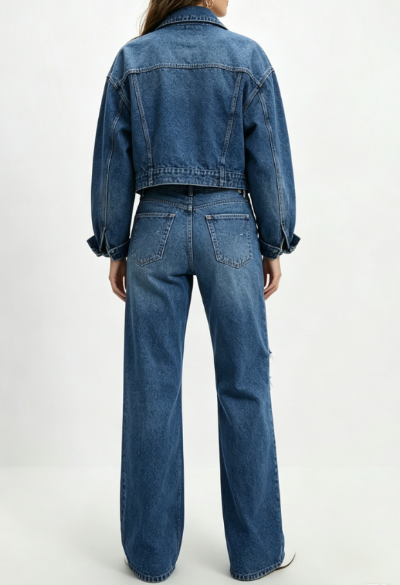 Custom Women's Denim Distressed Relaxed Denim Set Blue - view 2 Custom Women's Denim Distressed Relaxed Denim Set Blue - view 2