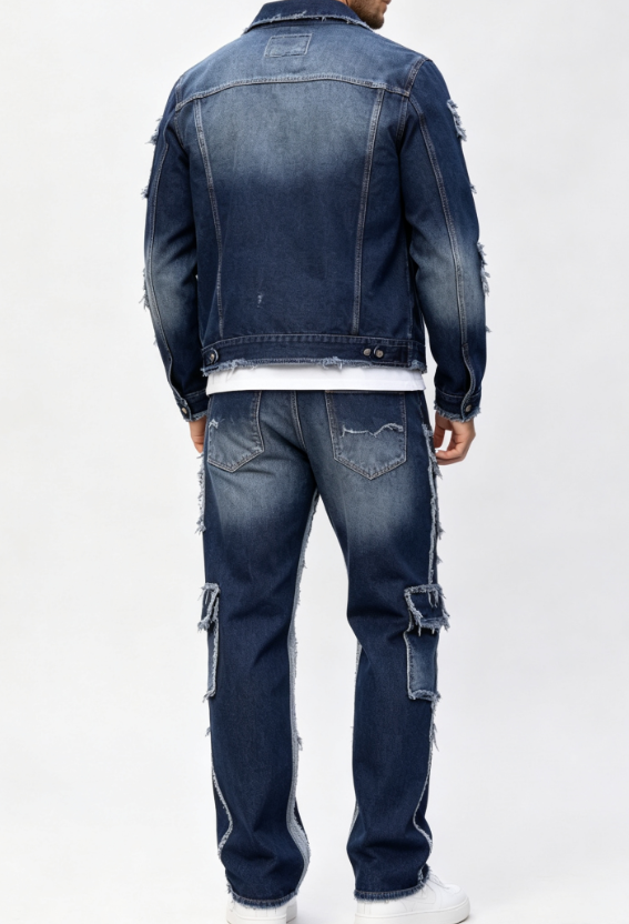 Custom Men's Denim Distressed Relaxed Denim Set Navy - view 2