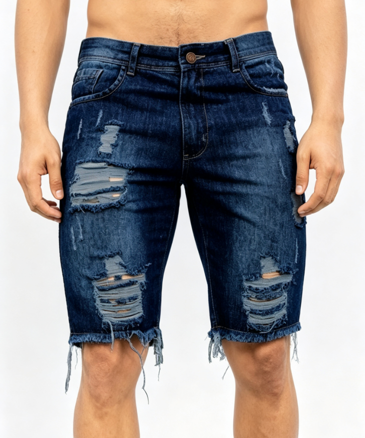Custom Men's Denim Distressed Slim Denim Shorts Navy
