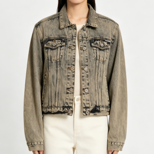 Custom Women's Denim Distressed Cropped Trucker Jacket Army Green Custom Women's Denim Distressed Cropped Trucker Jacket Army Green