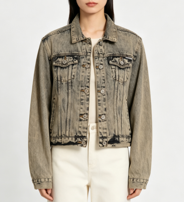 Custom Women's Denim Distressed Cropped Trucker Jacket Army Green Custom Women's Denim Distressed Cropped Trucker Jacket Army Green
