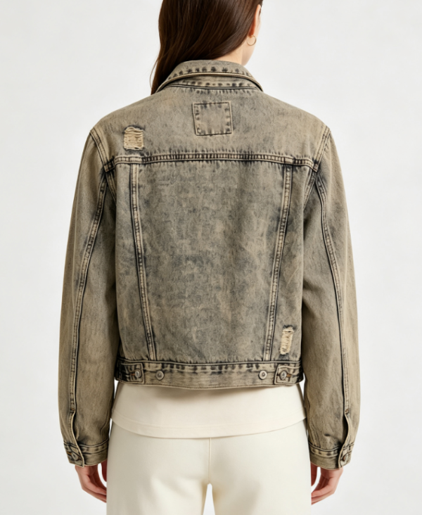 Custom Women's Denim Distressed Cropped Trucker Jacket Army Green - view 2 Custom Women's Denim Distressed Cropped Trucker Jacket Army Green - view 2