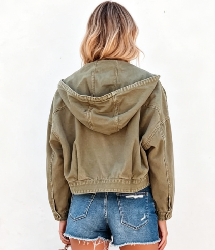 Custom Women's Denim Distressed Cropped Bomber Jacket Olive - view 2