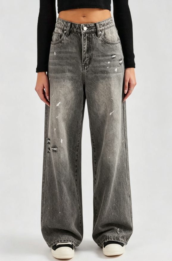 Custom Women's Selvedge Denim Distressed Baggy Jeans Slate Grey Custom Women's Selvedge Denim Distressed Baggy Jeans Slate Grey