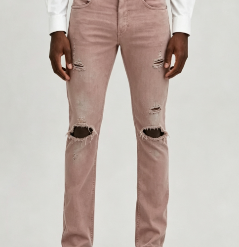 Custom Men's 14oz Denim Distressed Skinny Jeans Dusty Pink Custom Men's 14oz Denim Distressed Skinny Jeans Dusty Pink