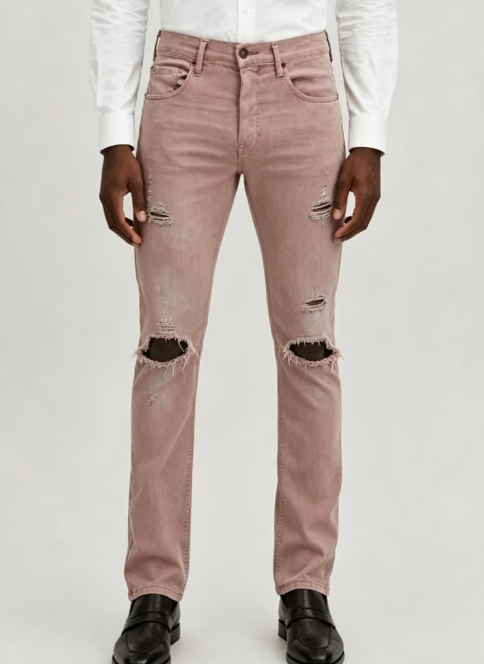Custom Men's 14oz Denim Distressed Skinny Jeans Dusty Pink Custom Men's 14oz Denim Distressed Skinny Jeans Dusty Pink