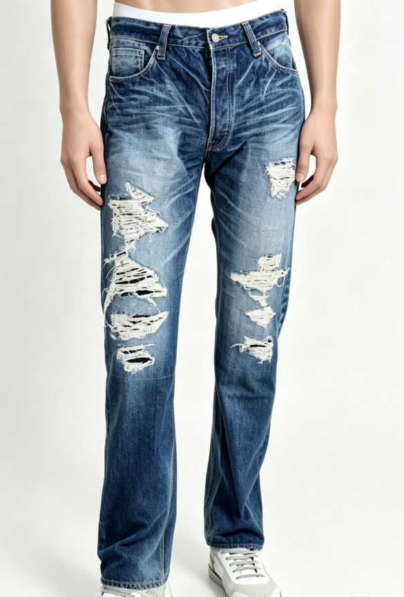 Custom Men's 14oz Denim Distressed Slim Jeans Navy