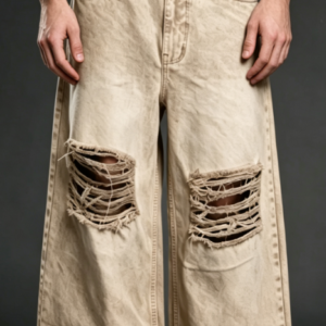 Custom Men's 14oz Denim Distressed Baggy Jeans Sand Wash