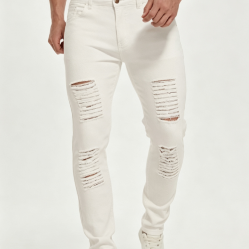 Custom Men's Stretch Denim Distressed Slim Jeans Bone Custom Men's Stretch Denim Distressed Slim Jeans Bone