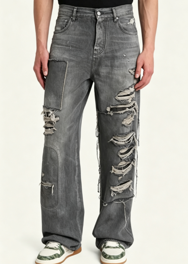 Custom Men's Stretch Denim Distressed Straight Jeans Slate Grey Custom Men's Stretch Denim Distressed Straight Jeans Slate Grey