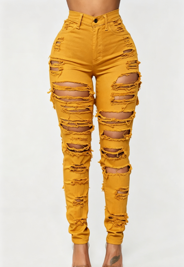 Custom Women's Selvedge Denim Distressed Slim Jeans Mustard Custom Women's Selvedge Denim Distressed Slim Jeans Mustard