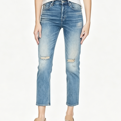 Custom Women's Selvedge Denim Distressed Slim Jeans Washed Blue