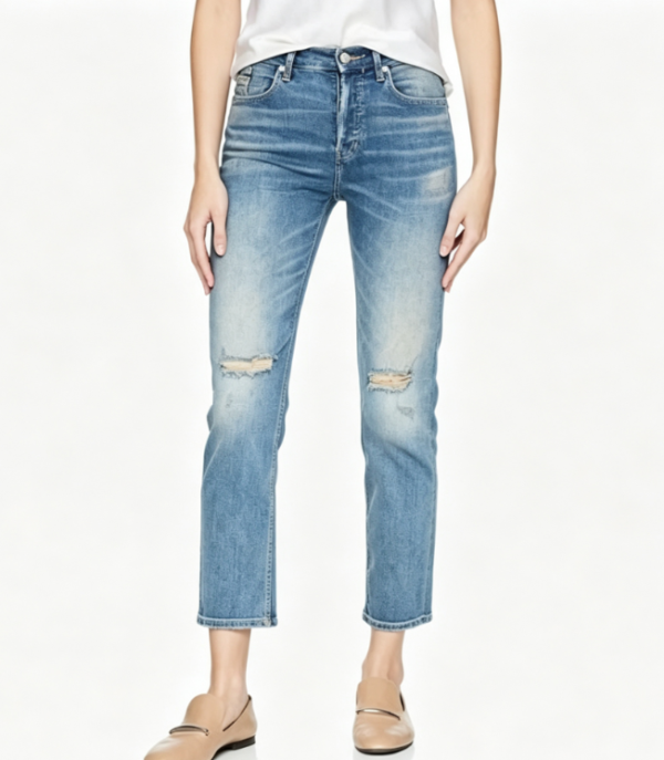 Custom Women's Selvedge Denim Distressed Slim Jeans Washed Blue Custom Women's Selvedge Denim Distressed Slim Jeans Washed Blue