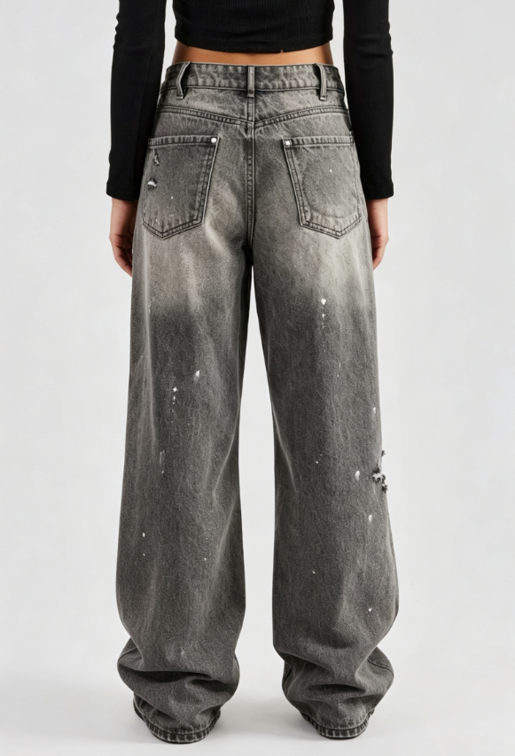 Custom Women's Selvedge Denim Distressed Baggy Jeans Slate Grey - view 2 Custom Women's Selvedge Denim Distressed Baggy Jeans Slate Grey - view 2