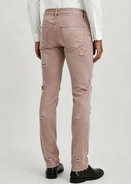 Custom Men's 14oz Denim Distressed Skinny Jeans Dusty Pink - view 2 Custom Men's 14oz Denim Distressed Skinny Jeans Dusty Pink - view 2