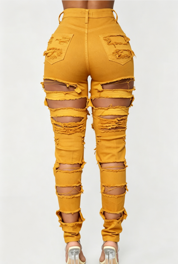 Custom Women's Selvedge Denim Distressed Slim Jeans Mustard - view 2 Custom Women's Selvedge Denim Distressed Slim Jeans Mustard - view 2