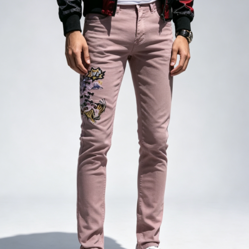 Custom Men's Stretch Denim Embroidered Slim Jeans Dusty Pink Custom Men's Stretch Denim Embroidered Slim Jeans Dusty Pink