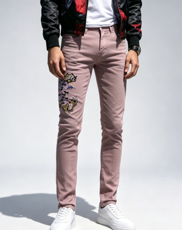 Custom Men's Stretch Denim Embroidered Slim Jeans Dusty Pink Custom Men's Stretch Denim Embroidered Slim Jeans Dusty Pink